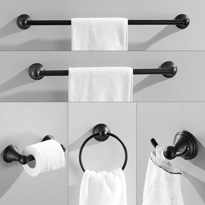 Sagetta Bathroom Hardware Set, 5-Piece Bath Accessories Set Matte Black Wall Mount Includes 24 in Towel Bar, 16 in Towel Bar, Towel Ring, TP Holder