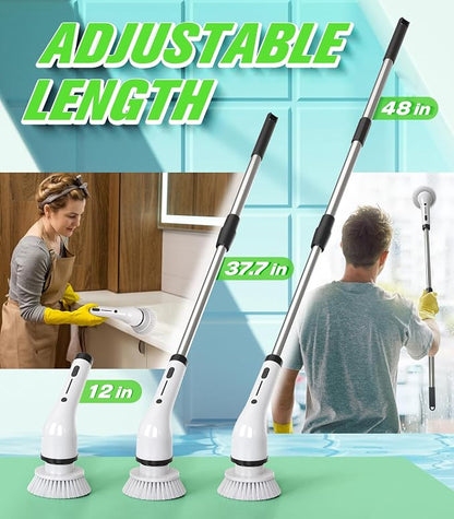Electric Spin Scrubber, 3-Speed Flat End Brush with 8 Brush Heads & Base, Adjustable Long Handle, Digital Display, 2500mAh Fast Charging, for Bathroom, Tub, Tile, Floor（White