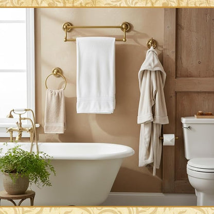 4 Pcs Antique Brass Gold Bathroom Accessories Set Wall-Mounted Towel Rack & Towel Ring & Toilet Paper Holder & Robe Hook, Wall Mounted Brass Vintage Bath Hardware Fixture Set(Double)