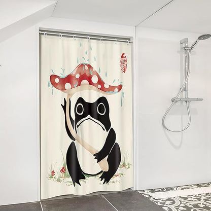 LGhtyro Funny Frog Shower Curtain Bathroom Set 48Wx71H Inches Mushroom Lovely Asian Japanese Style Traditional Black Beige Green Grassland Bath Accessories Frog Art Home Decor Fabric 8 Pack Hooks