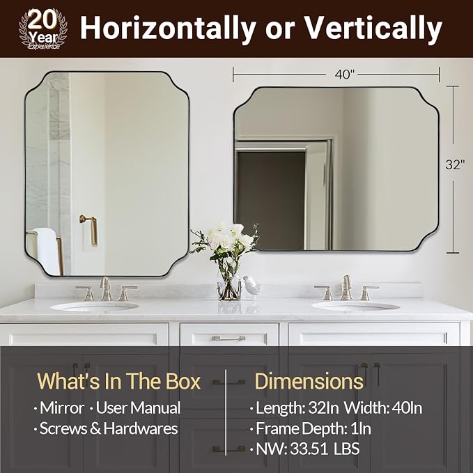 32"x40" Chrome Bathroom Scalloped Mirror for Wall | Rustproof Stainless Steel Frame, Unique Notched Corners, Horizontal & Vertical Mount, Ideal for Bathroom Decor & Remodel