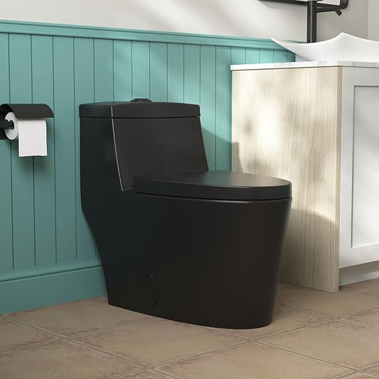 DeerValley One Piece Toilet Elongated 1.1/1.6 GPF Dual Flushing Toilets with 17" ADA Comfortable Chair Seat 12" Rough-In High-Efficiency Black Toilet DV-1F52636B