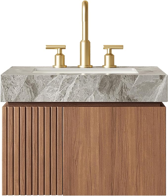 KEIKI 24 Inch Floating Bathroom Vanity with Sink, Brown Oak & Grey | Modern Wall Mounted Storage Cabinet with 2 Doors, Pre-assembled Wood Panels, Sintered Stone Top & Ceramic Basin Combo Set