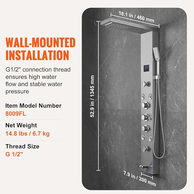 VEVOR Shower Panel, 6 Shower Modes, LED & Screen Hydroelectricity Shower Tower Panel System, Rainfall, Waterfall, 8 Massage Jets, Tub Spout, Handheld Shower, Stainless Steel Wall-Mounted Shower Set