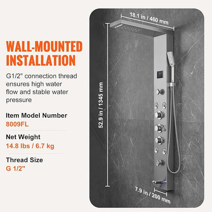 VEVOR Shower Panel, 6 Shower Modes, LED & Screen Hydroelectricity Shower Tower Panel System, Rainfall, Waterfall, 8 Massage Jets, Tub Spout, Handheld Shower, Stainless Steel Wall-Mounted Shower Set