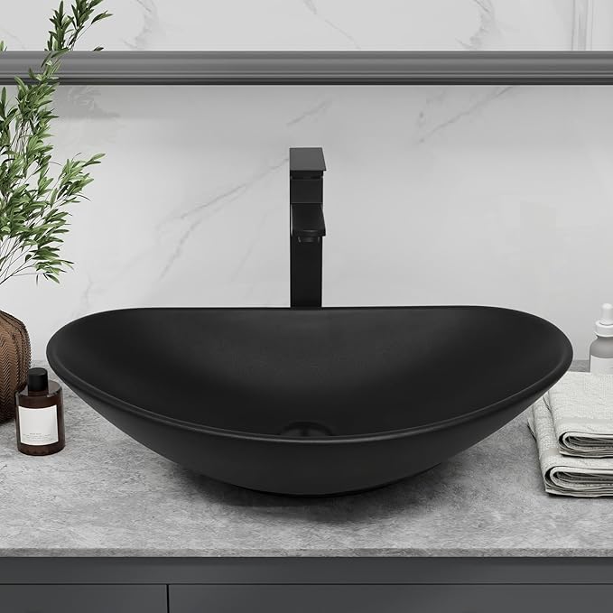 Ceramic Bathroom Sink, Black Boat Shape Above Counter Porcelain Vessel Sink with Black Faucet and Pop up drain Set