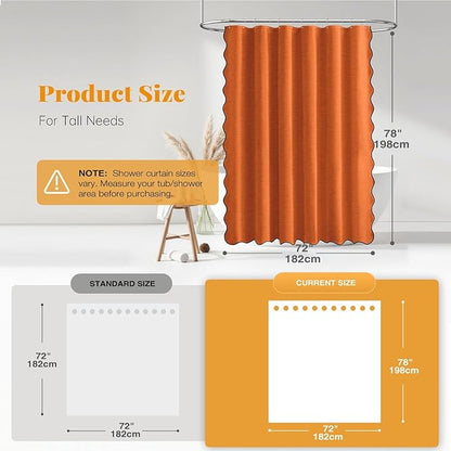 BTTN 78 Inch Shower Curtain, Long Scalloped Linen Textured Thick Cloth Shower Curtain Set with 12 Hooks, Large Rustic Farmhouse Waterproof Fabric Shower Curtains for Bathroom, 72x78, Burnt Orange