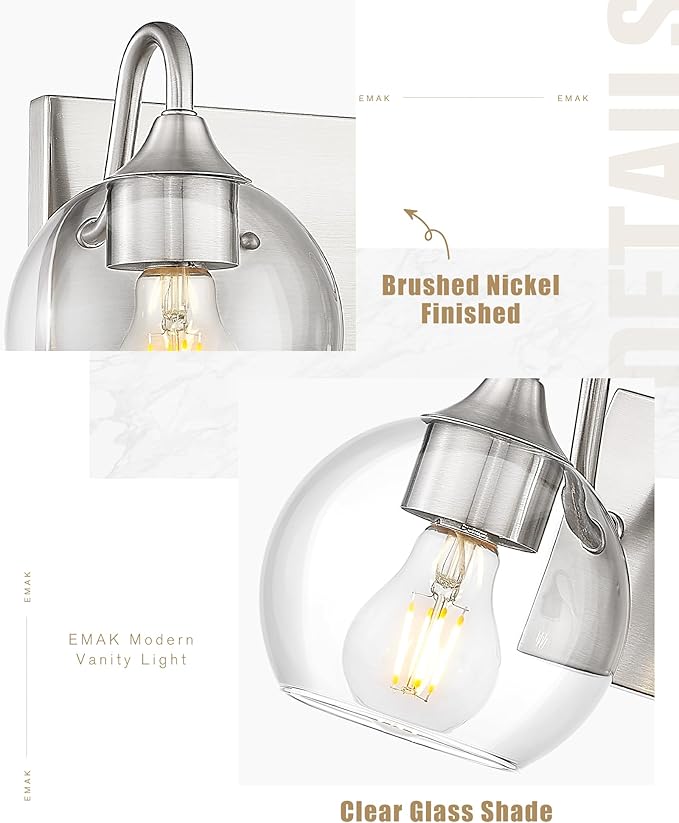Emak 3-Light Bathroom Vanity Lights Over Mirror, Globe Bathroom Light Fixtures with Clear Glass Shade, Modern Brushed Nickel Vanity Light for Bath, Mirror, VL118-BN-CG-3