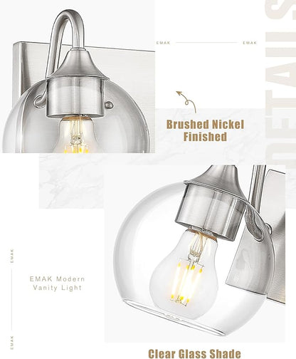 Emak 3-Light Bathroom Vanity Lights Over Mirror, Globe Bathroom Light Fixtures with Clear Glass Shade, Modern Brushed Nickel Vanity Light for Bath, Mirror, VL118-BN-CG-3