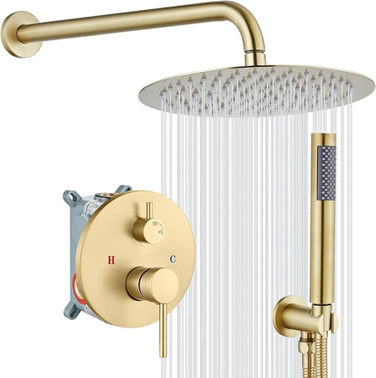 gotonovo Shower Faucet Set with Rough-in Valve Trim Kit,Brushed Gold | 10 Inch Round Rain Showerhead with Handheld Spray,Bathroom Wall Mount Shower System Complete Combo,2-in-1 Diverter,All Metal