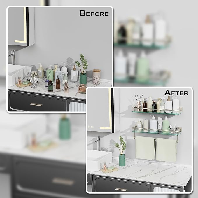24-Inch Modern Wall-Mounted Bathroom Glass Shelf with 1 Shelf, Brushed Nickel, 1 Towel Bar, 45 lbs Weight Capacity