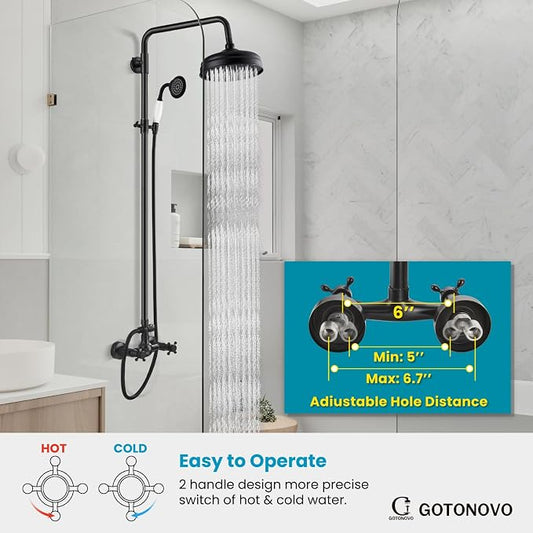 gotonovo Exposed Shower Faucet Set Luxury,Oil Rubbed Bronze,Straight Rod | Bathroom 8” Shower Head with Handheld Spray System Fixtures,Vintage Two Cross Handle,Wall Mount,for 5-6.7" Hole,Adjust Height