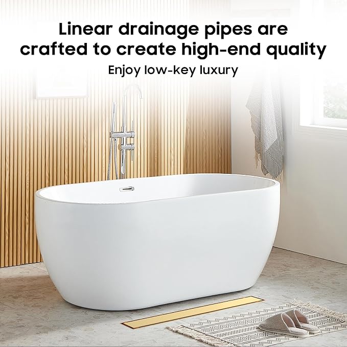 DLONE® Linear Shower Drain - 32 Inch Brushed Gold, with Tile Insert Panel | AISI 304 Stainless Steel Linear Drain, Rectangle Shower Floor Drain, with Adjustable Feet, Fits Bathroom & Balcony etc