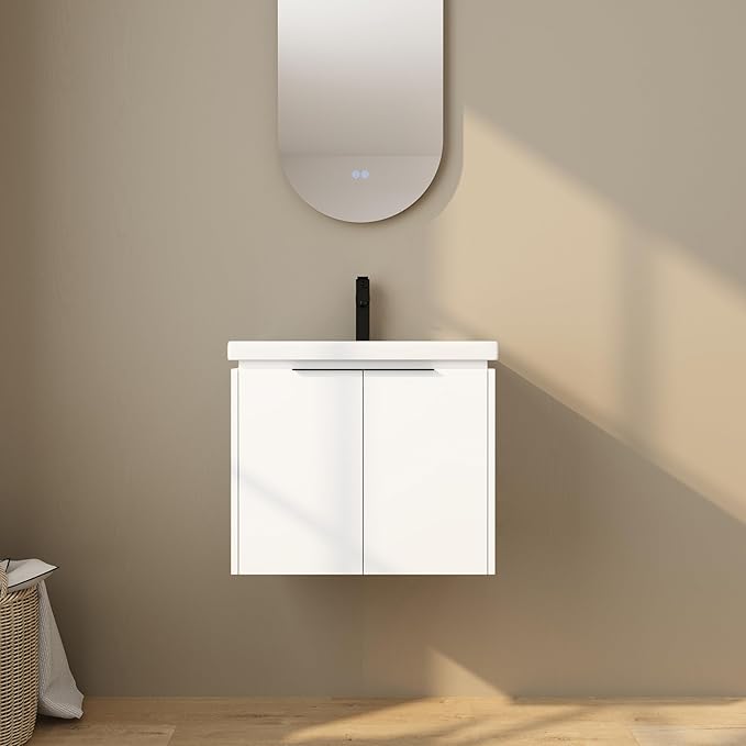 24 Inch Bathroom Vanity with Sink,Wall Mounted Bathroom Vanity Sink Combo with Soft Close Doors for Small Space,Modern Floating Bathroom Vanity with Top Basin & Storage Cabinet,White