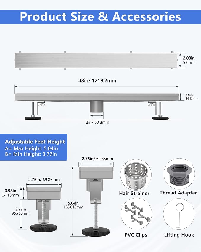 YEFU Shower Drain 48 Inch with Tile Insert,Linear Shower Drain for Bathroom | Anti-Corrosion, Hair Catcher, 304 Stainless Steel, Adjustable Feet, V-Shaped, Linear shower Drain Fits Toilet Kitchen Balcony