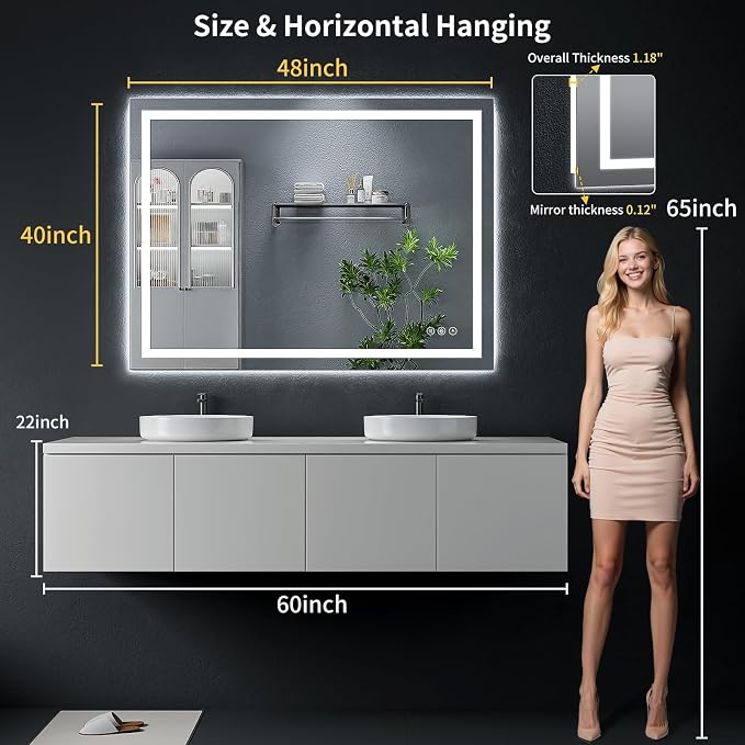 48"x40" LED Bathroom Mirror with Lights, Anti-Fog, Backlit+Frontlit | CRI 95, Stepless Dimmable, 3 Colors Lighting, Shatterproof Tempered Glass, HD Reflection, Memory, (Horizontal/Vertical)