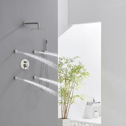 Iriber Brushed Nickel Round Rain Shower System with 4 PCS Body Jets 3 Function Shower Faucet Set Contain 12 Inch Shower Head and Handheld Wall Mounted Pressure Balance Shower Trim Kit (Valve Included)