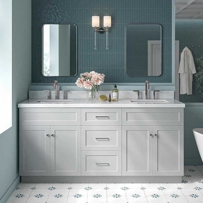 ARIEL Hamlet 72-inch Bathroom Vanity with Sink,Solid Wood, 1.5-inch Italian Carrara Marble Countertop & Backsplash, Double Rectangular Porcelain Sink, 4 Soft Closing Doors, 3 Dovetail Drawers, Grey