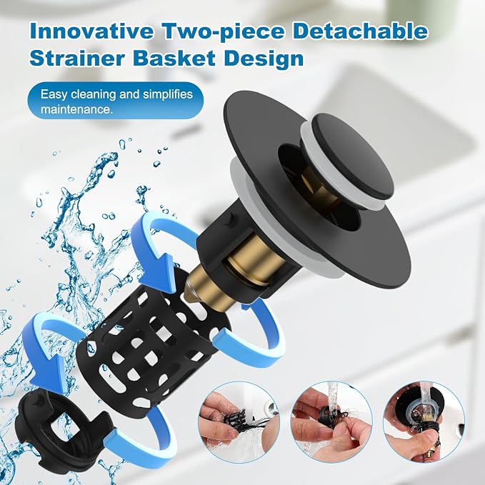 Hibbent 2 Pack Universal Bathroom Sink Drain Strainer, 3 in 1 Pop Up Stopper, Removable Stainless Steel Filter Basket, Brass Bullet Core, Hair Catcher Sink Plug for 1.1''~2.36'' Hole, Matte Black