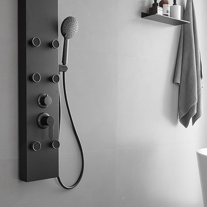Black Shower Panel Tower System with Rainfall Shower Head, 304 Stainless Steel Shower Panels System with 9-inch Rainfall Shower 6 Rain Massage Body Jets for Bathroom Lavatory Wash