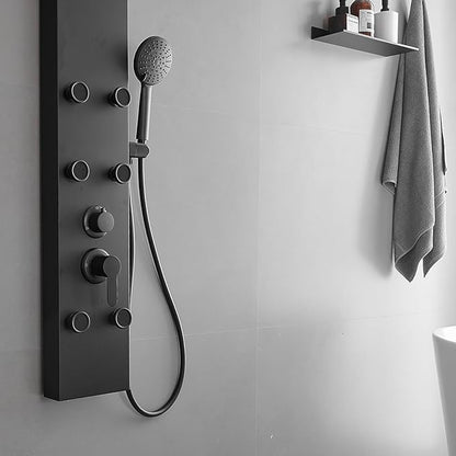 Black Shower Panel Tower System with Rainfall Shower Head, 304 Stainless Steel Shower Panels System with 9-inch Rainfall Shower 6 Rain Massage Body Jets for Bathroom Lavatory Wash