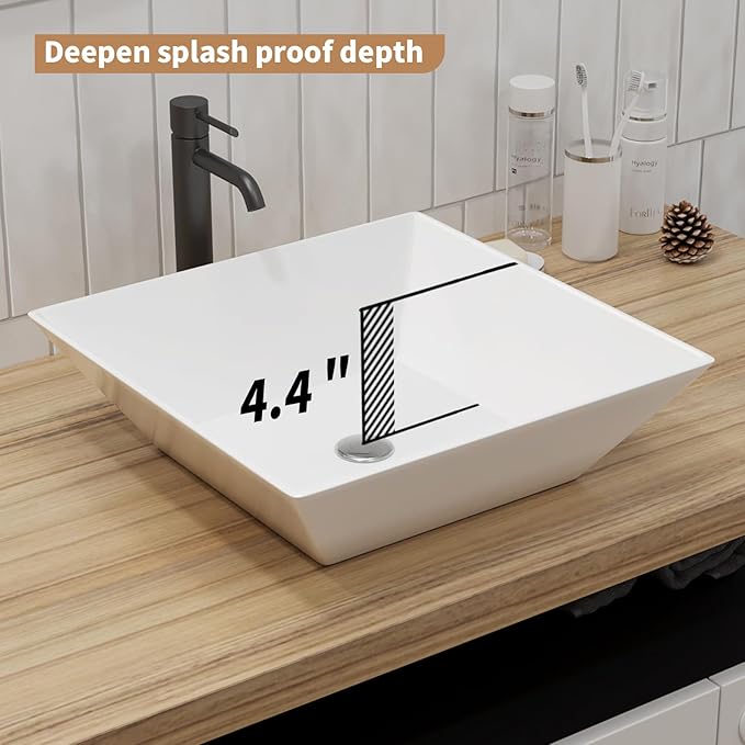 16"X16" Bathroom Vessel Sink Square Above Counter Rectangular White Porcelain Ceramic Modern Vanity Sink Rectangle Art Basin