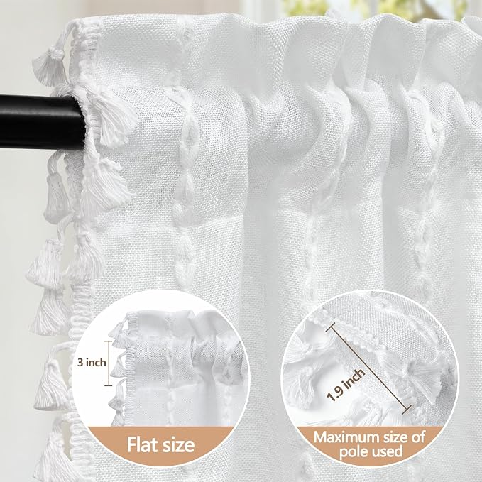 Seenus White Boho Farmhouse Valance Curtain with Tassels, 52 x 18 inch Linen Textured Window Curtain for Living Room, Striped Light Filtering Valance for Kitchen Bedroom Bathroom Rod Pocket