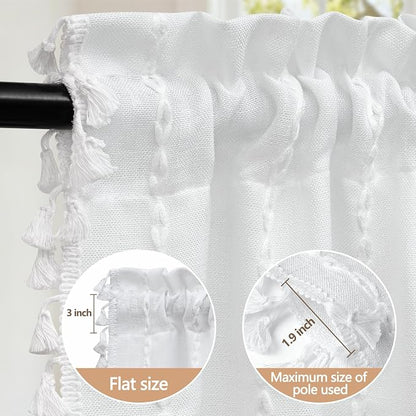 Seenus White Boho Farmhouse Valance Curtain with Tassels, 52 x 18 inch Linen Textured Window Curtain for Living Room, Striped Light Filtering Valance for Kitchen Bedroom Bathroom Rod Pocket