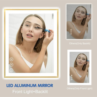 30x36 Inch LED Bathroom Mirror with Gold Frame | Gold Metal Frame, Front and Backlit, 3 Colors, Dimmable, Memory, Anti Fog, Tempered Glass, Lighted Mirror for Wall