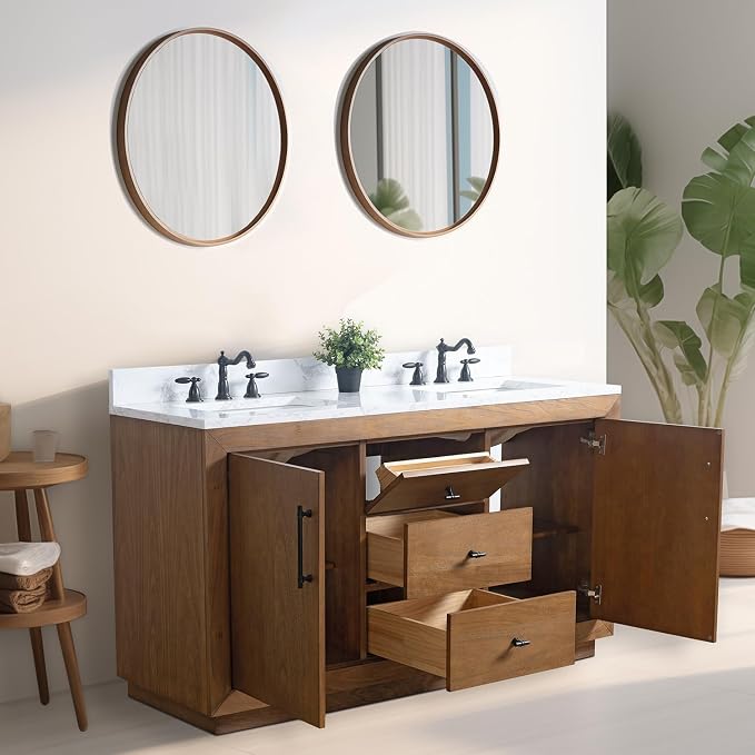 Vanity Art 60 inch Double Sink Bathroom Vanity, Solid Poplar Wood, Vanity Cabinet with Doors and Shelf, Modern Wood Bathroom Vanity with White Marble Top, 3 Functioning Drawers, VA70-60-DT-E