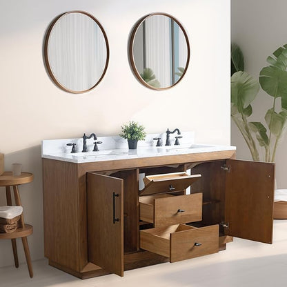 Vanity Art 60 inch Double Sink Bathroom Vanity, Solid Poplar Wood, Vanity Cabinet with Doors and Shelf, Modern Wood Bathroom Vanity with White Marble Top, 3 Functioning Drawers, VA70-60-DT-E