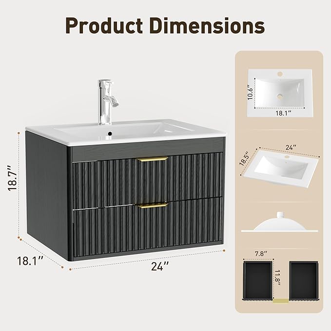 24 Inch Floating Bathroom Vanity with Sink, Bathroom Wall Cabinet with 2 Fluted Drawers & Metal Handle, Wall Mounted Cabinet for Bathrooms (Black, 24 inch, with Sink)
