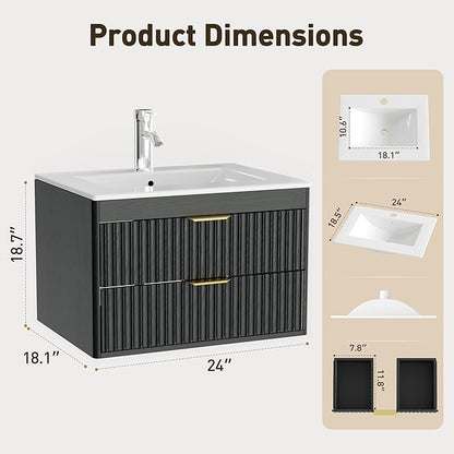 24 Inch Floating Bathroom Vanity with Sink, Bathroom Wall Cabinet with 2 Fluted Drawers & Metal Handle, Wall Mounted Cabinet for Bathrooms (Black, 24 inch, with Sink)