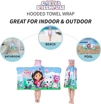 DreamWorks Gabby's Dollhouse Bath/Pool/Beach Soft Cotton Terry Hooded Towel Wrap, 24 in x 50 in, By Franco Kids
