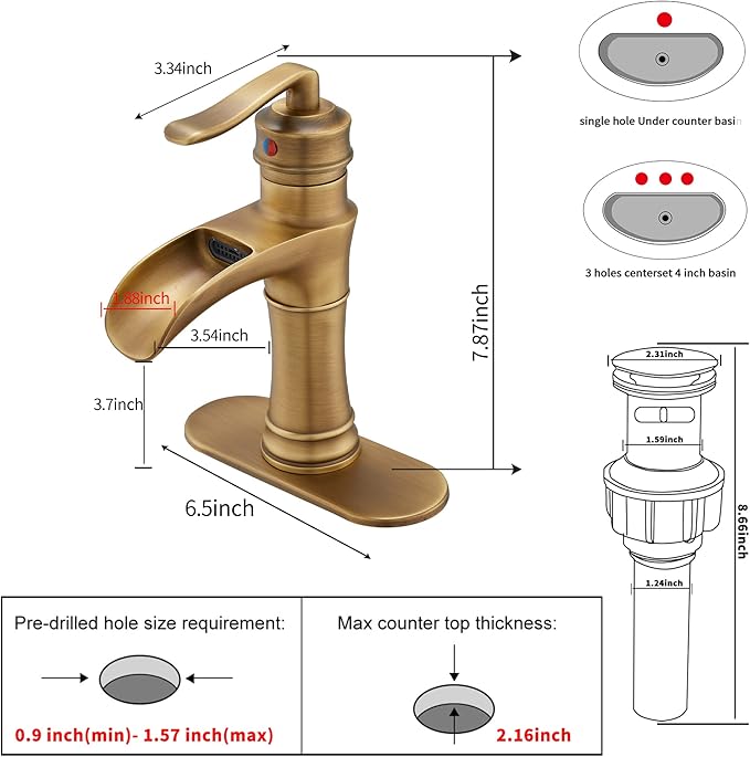Waterfall Bathroom Faucet Antique Brass GGStudy Single Handle One Hole Farmhouse Bathroom Vanity Faucet Basin Mixter Tap Deck Mount with Drain Assembly