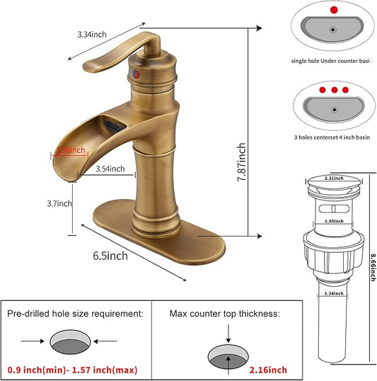 Waterfall Bathroom Faucet Antique Brass GGStudy Single Handle One Hole Farmhouse Bathroom Vanity Faucet Basin Mixter Tap Deck Mount with Drain Assembly
