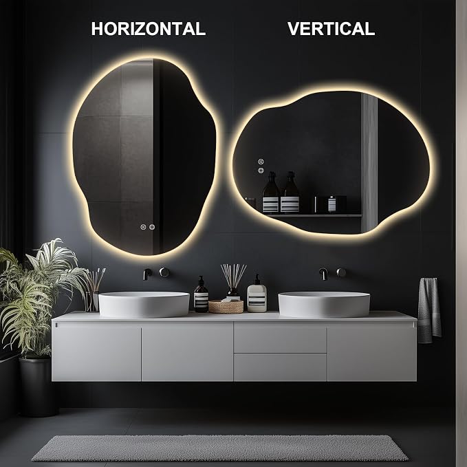 Asymmetrical LED Bathroom Mirror with Lights,Irregular Led Bathroom Vanity Mirror for Wall with Backlit, Anti Fog, 3 Colors and Dimmable Light,[Horizontal/Vertical] 40" H x 30" W