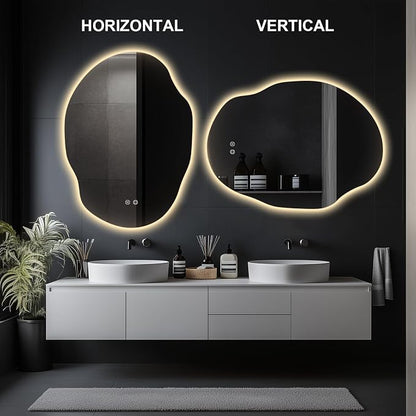Asymmetrical LED Bathroom Mirror with Lights,Irregular Led Bathroom Vanity Mirror for Wall with Backlit, Anti Fog, 3 Colors and Dimmable Light,[Horizontal/Vertical] 40" H x 30" W