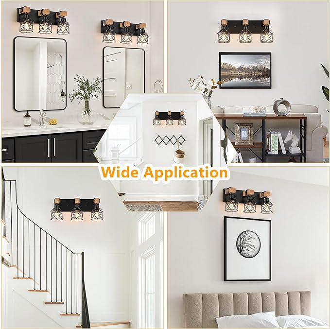 FadimiKoo 3-Light Bathroom Vanity Lights, Farmhouse Bathroom Light Fixtures | Rustic Wood & Black Metal Shade, Wood Bathroom Lighting Fixtures Over Mirror, Wall Sconces for Bathroom Bedroom Living Room