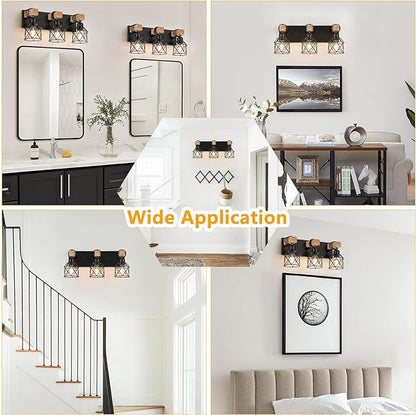 FadimiKoo 3-Light Bathroom Vanity Lights, Farmhouse Bathroom Light Fixtures | Rustic Wood & Black Metal Shade, Wood Bathroom Lighting Fixtures Over Mirror, Wall Sconces for Bathroom Bedroom Living Room
