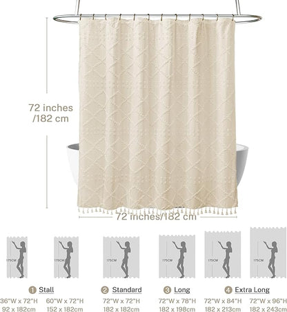 Boho Farmhouse Shower Curtain Woven Fabric Cream/Beige Shower Curtain, 72 x 72 Tufted Chevron Textured Striped Modern Minimalist Cloth Shower Curtains for Bathroom