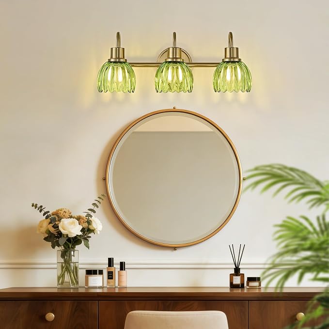 Gold Bathroom Light Fixtures, 20 Inch Vintage Vanity Lights for Bathroom, 3-Light Modern Vanity Lights with Ribbed Green Tulip Glass Shade, Wall Lamp for Mirror Living Room Hallway