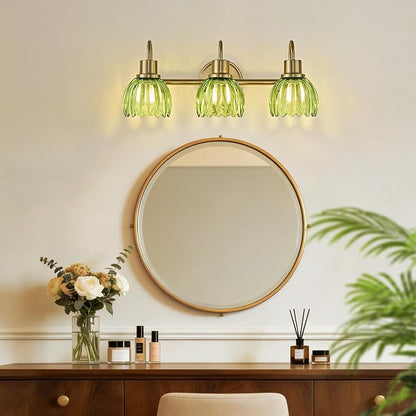 Gold Bathroom Light Fixtures, 20 Inch Vintage Vanity Lights for Bathroom, 3-Light Modern Vanity Lights with Ribbed Green Tulip Glass Shade, Wall Lamp for Mirror Living Room Hallway