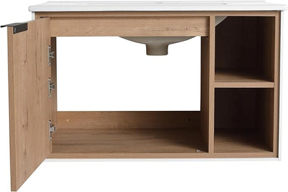 SSLine 30" Wall-Mount Bathroom Vanity Modern Floating Bathroom Vanity Set with Ceramic Sink Basin 24-Inch Oak Brown Small Bathroom Vanities with Storage Cabinet and Open Shelf