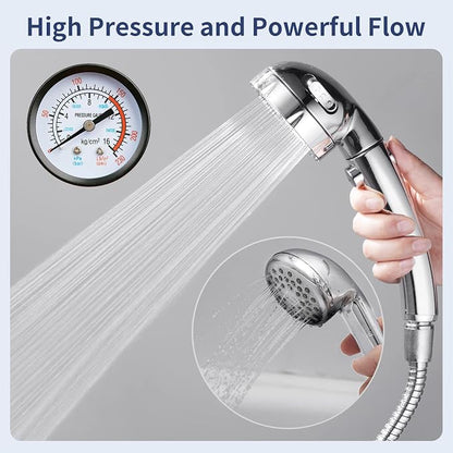 HANLIAN Chrome On/Off High Pressure Handheld Shower Head for RV Camper | 3 Spray Modes Shower Head with Pause Button, Water Saving Shower Head with Hose and Adjustable Self-adhesive Holder