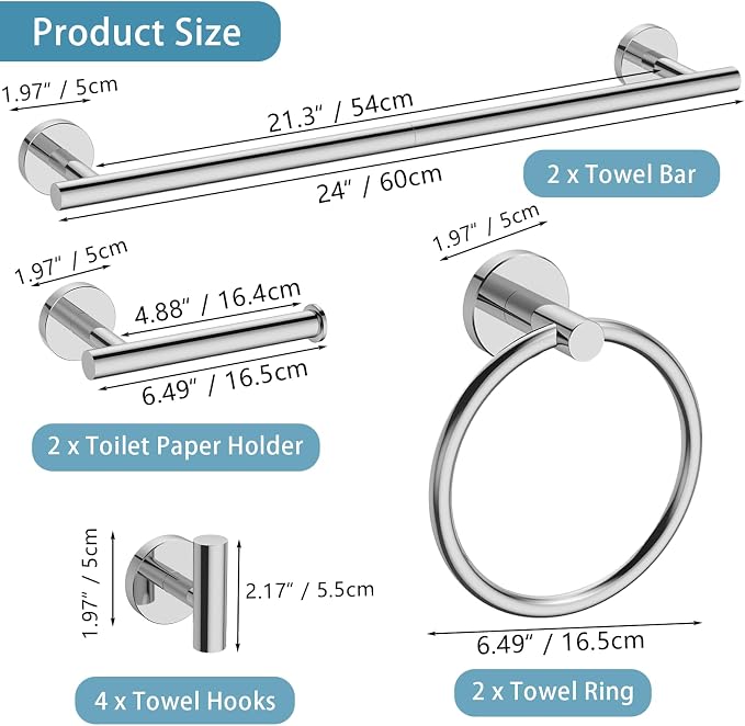 Newfun 10-Pieces Polished Chrome Bathroom Hardware Set 24 Inch | Includes 24 Inch Towel Racks for Bathroom Wall Mounted, Toilet Paper Holder, Towel Hooks, Towel Rings for Bathroom Wall