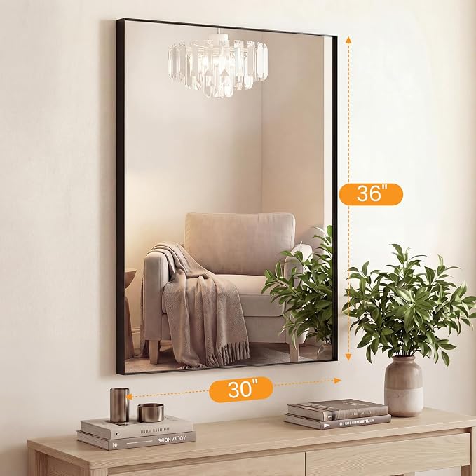Sweetcrispy Bathroom Mirrors for Over Sink, 30" x 36" Rectangle Wall Mirror | Tempered Glass, Anti-Rust Metal Frame, Over Sink Home Decor, Modern Rectangle Style, Black