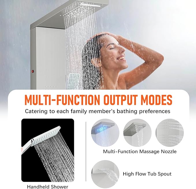 FUZ Shower Panel Tower System, Stainless Steel 5 IN 1 Shower Panel System with LED Fancy Rain Shower Head and Handheld, Adujstable Rainfall Massage Body Jets and Tub Spout, Brushed Nickel Shower Tower