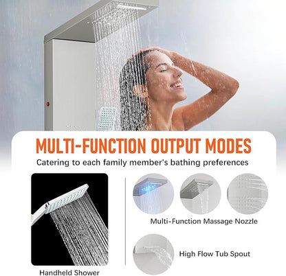 FUZ Shower Panel Tower System, Stainless Steel 5 IN 1 Shower Panel System with LED Fancy Rain Shower Head and Handheld, Adujstable Rainfall Massage Body Jets and Tub Spout, Brushed Nickel Shower Tower