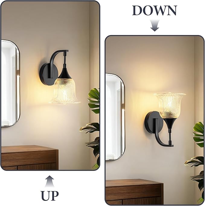 Vintage Black Wall Sconce, 1-Light Modern Wall Lighting Fixture | with 6.6” Textured Glass Shade, Industrial Hardwired Wall Mounted for Dining Living Room Hallway Bedroom Kitchen, E26